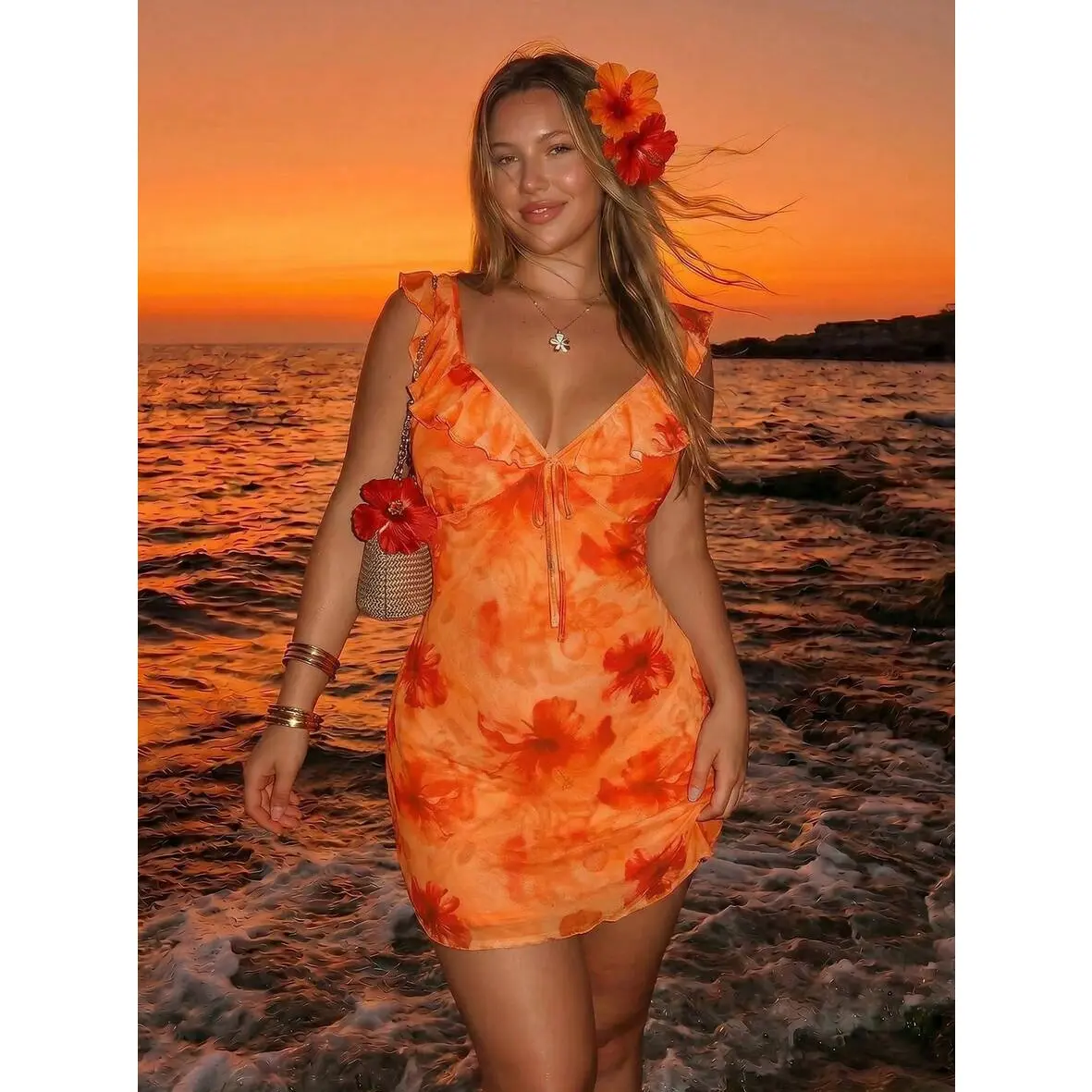 Plus Size Women's Orange Summer Boho Vacation Holiday Retro Y2K Sweetheart Neck Ruffle Floral Print Slim Fit Mesh Dress Beach Elegant Fashion