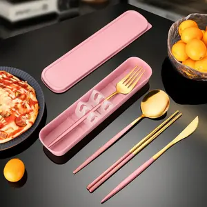 4-Piece Stainless Steel Gold Cutlery Set with Storage Box, Portable Reusable Utensils for Home, Office, School, Camping and Travel, Household Tableware for Daily Use #GLOBAL PICKS