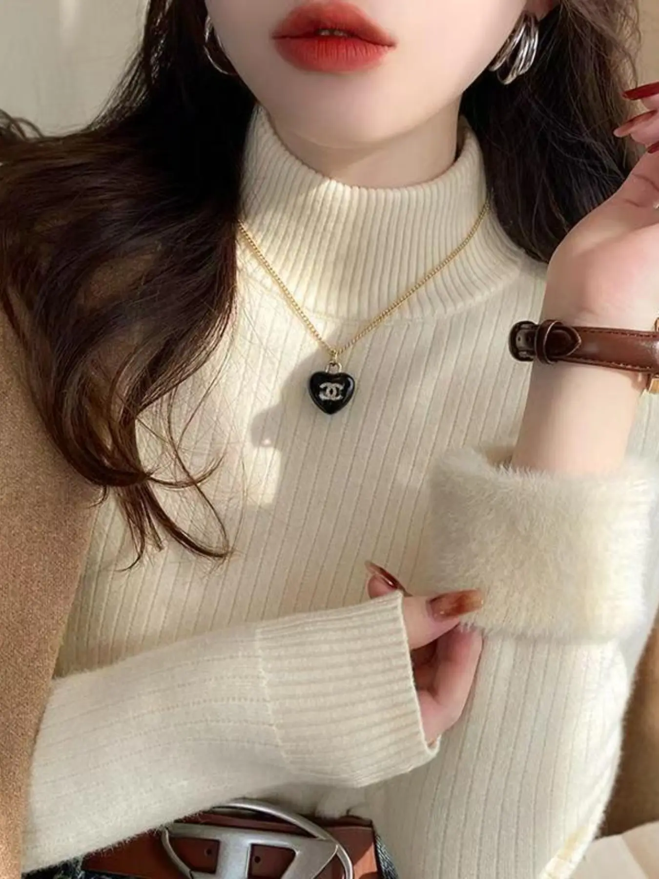 Women's Elegant Solid Color Fleece Cuff High Neck Sweater, Slim Fit Ribbed Knit Pullover, Casual Warm Soft Top for Fall & Winter