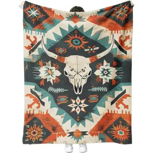 Southwestern Tribal Throw Blanket, Bull Skull Aztec Soft Fleece Blanket for Naps, Outdoor, Travel, Office, Gift