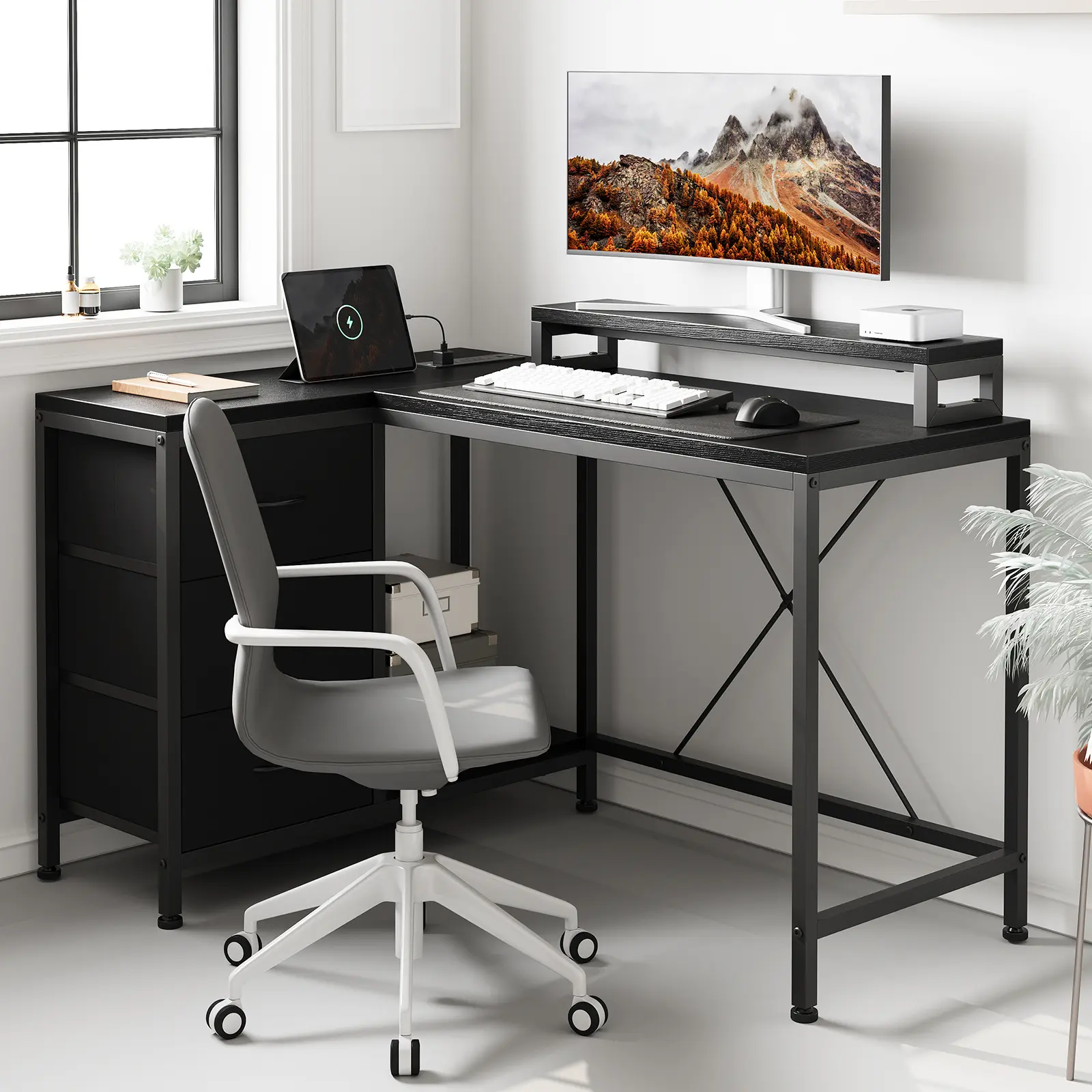 L-Shaped Gaming Desk with LED Lights & Charging Station, 3 Drawer Reversible Corner Computer Desk with Storage Shelves, Ergonomic Workstation for Home Office & Bedroom