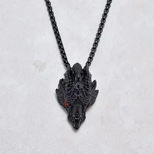 Black Gun Metal Red Eyed Dragon Steel Hearts Necklace