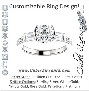 Cubic Zirconia Engagement Ring- The Naomi (Customizable Bezel-set Cushion Cut Design with Dual Baguettes & Pavé Band)