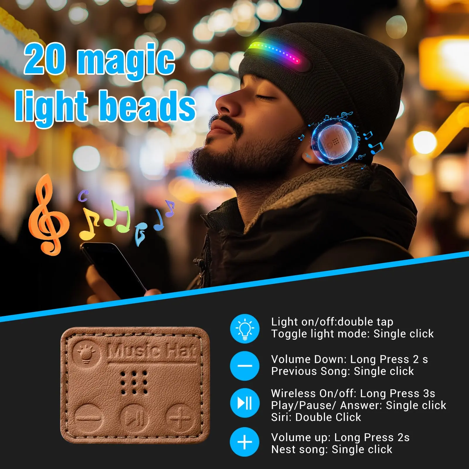 Bluetooth Beanie Hat with LED Light, Built-in Speakers & Mic, Rechargeable Unisex Bluetooth Beanie Hat with Light,USB Rechargeable 6  main image 2