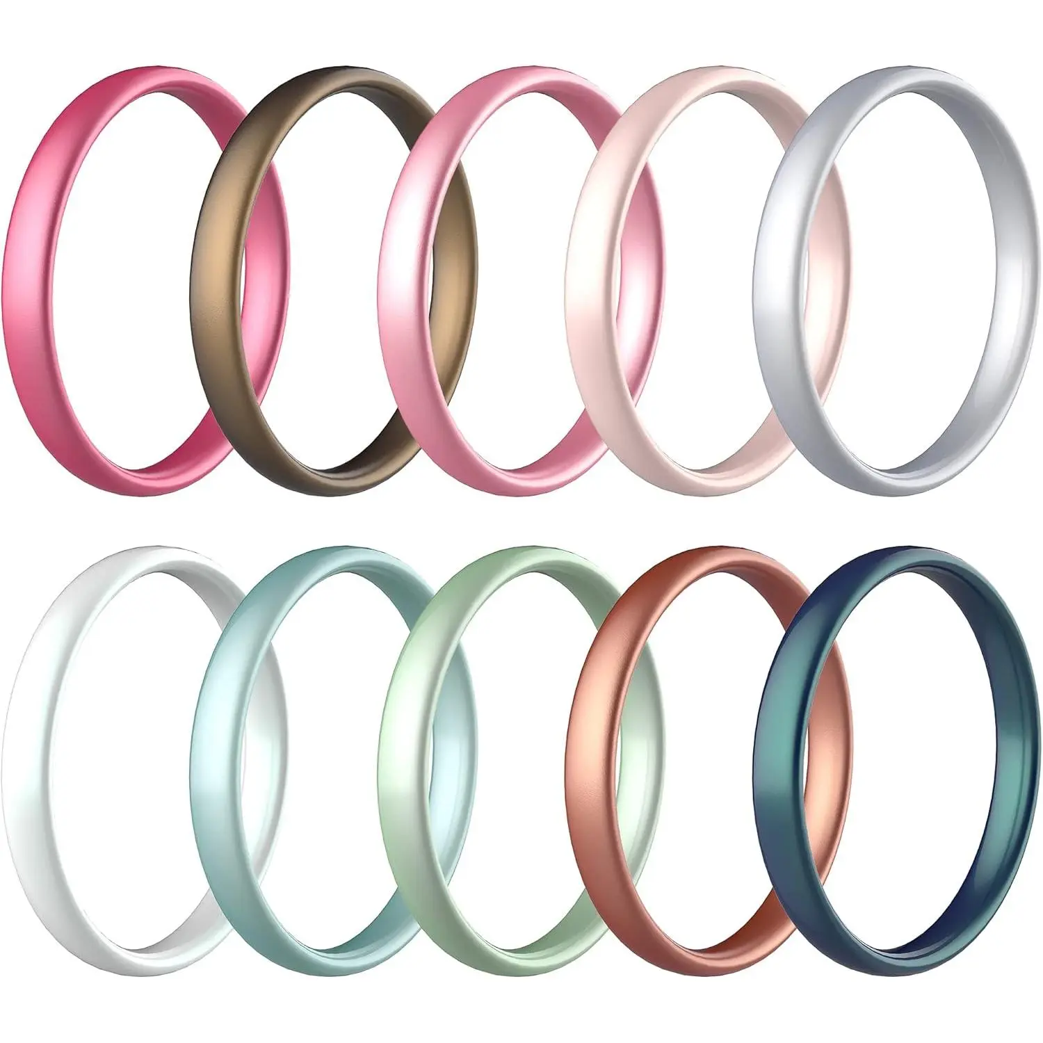 Women's Silicone Wedding Rings, 10-Pack 3mm Metallic Fashion Bands, Stackable & Hypoallergenic for Casual Wear and Active Lifestyles, Female, Medical-Silicone, Gym-Friendly, 7 Sizes Available, Climbing