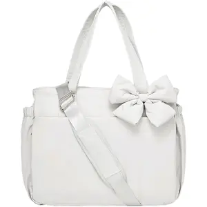 Lightweight Crush Bow Tote Bag for Women, Lightweight Puffy Bow Quilted Shoulder Bag for Work, Travel, Beach, Shopping