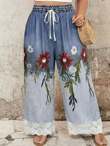 Plus Size Women's Printed Loose Casual Pants, Lace Patchwork Elastic Waist Belted Wide Leg Design, Comfortable Fashion for Daily Wear
