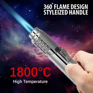 1800° High Temperature Spray Gun Lighter (Butane gas must be added to ignite) Metal Outdoor Windproof Blue Powerful Flame Blowtorch Jet Lighter Welding Tool Gift Box Packaging (Without Butane Gas)