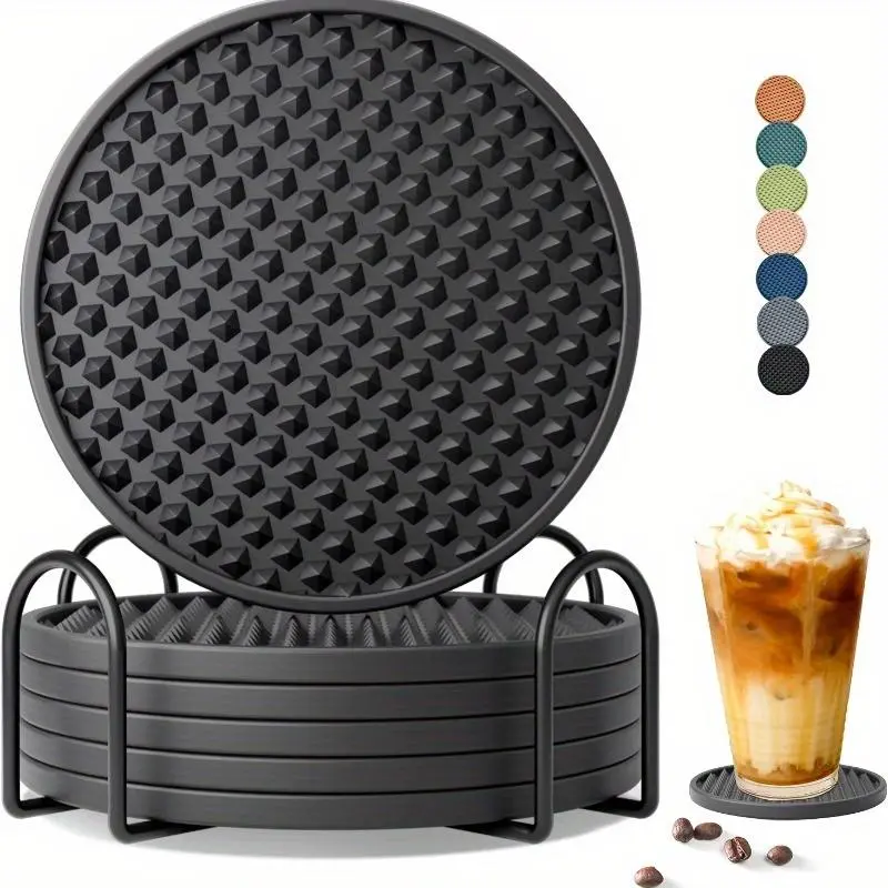 Silicone Coffee Coasters with Holder, 6 Counts Round Heat Resistant Non-slip Cup Mat, Decorative Coasters for Drinks for Home Kitchen Dining Room Set Tableware