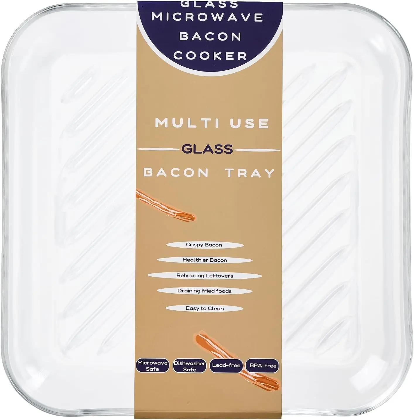 Glass Microwave Bacon Cooker, 10-Inch Square Bacon Crisper Tray | Premium Lead-Free Glass With Deep Grease Channels Helps Lift Bacon Above Excess Fat For Crispier Results And Easier Cleanup