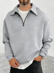 Men's Classic Versatile Solid Color Plain Half-Zip Long Sleeve Sweatshirt Tops, Half Zip Sweatshirts, Casual Fashion Sweatshirt, Essential Fleece Lined Fitted Pullover for Fall & Winter Casual Wear