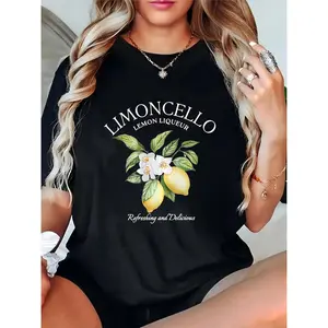 Women’s Black Limoncello Lemon Liqueur Graphic T-Shirt – Lemons, Blossoms, “Refreshing & Delicious” Print, Casual Summer Daily/Beach Outfit 100% Cotton T-shirt