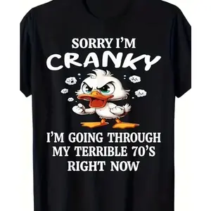 Unisex "Sorry I'm Cranky" T-Shirt Funny Angry Duck Design "I'm Going Through My Terrible 70's" Gen X Meme Graphic Tee Casual Crew Neck Top Retro Streetwear For 70s Babies, Gen X & Middle Age Humor Lovers