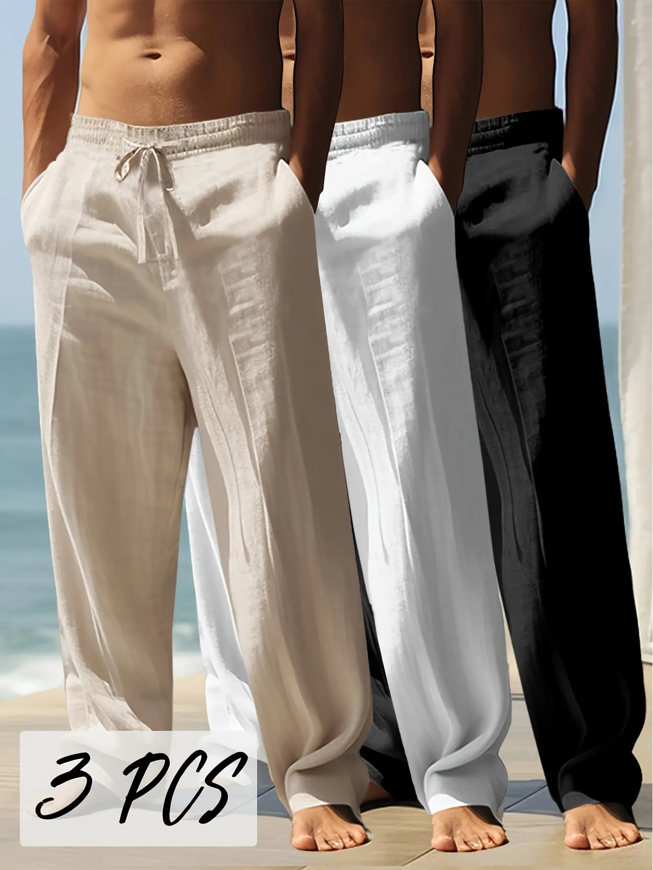 3-pack men’s casual pants, long trousers with a smooth, flowing feel, straight-leg design, suitable for all seasons, breathable and comfortable, ideal for vacations, outdoor activities, and everyday casual wear.