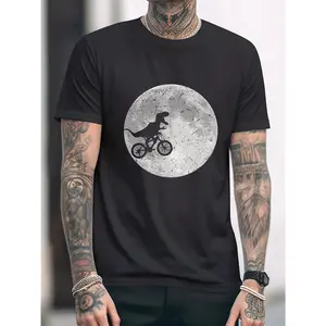 Men's Dinosaur & Moon Graphic Tee - Casual, Comfortable Short Sleeve T-Shirt for All Seasons, Breathable cotton