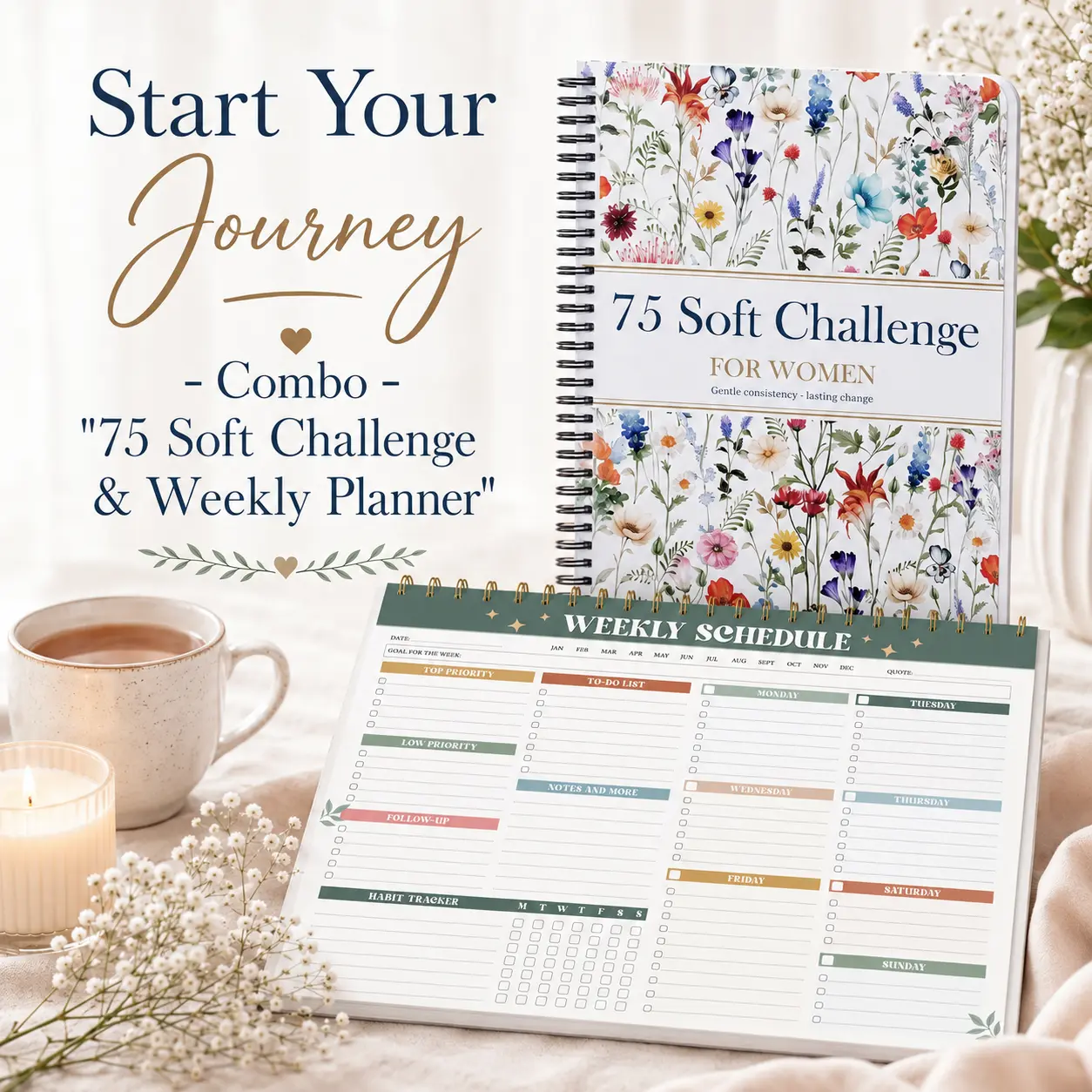 Combo (Floral 75 soft challenge & Modern Boho Weekly planner)