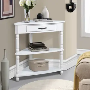 Dreamzon 33.8'' Small Triangle Corner Table, Wood Corner Side Table for Small Spaces/ Living Room, 3 Tier End Corner Table with Solid Wood Legs, Milk White