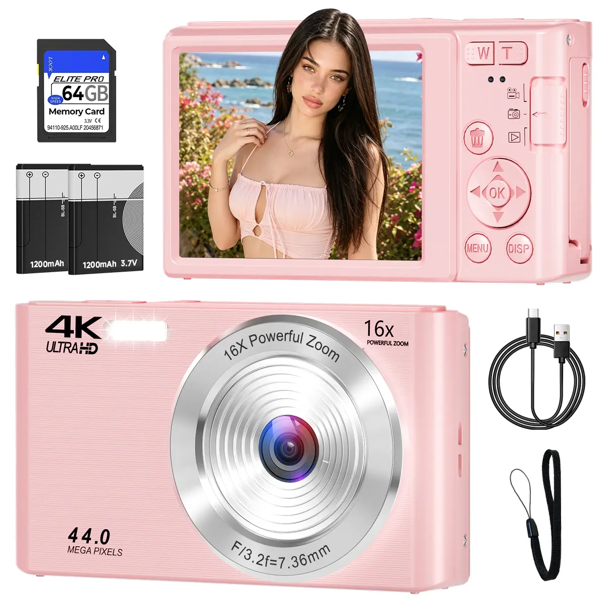 Vintage Y2K Digital Camera for Beginners, 4K HD 44MP Point-and-Shoot with 16X Zoom, Vlogging Camcorder, PC Webcam Mode, USB-C, 64GB Card & 2 Batteries, Simple Interface, Compact for Girls, Friends & Everyday Photography, Gift