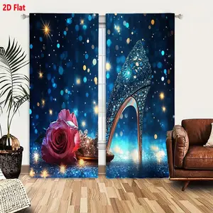 2D Flat 2 Piece Curtain Set with Sparkling Blue Gemstone Inspired Design & Magical Starry Background Pattern, Elegant Romantic Pink Rose & Twinkling Light Details, Dreamy Fairy Tale Cinderella Style Decor for Bedroom Living Room, Light Filtering/Bl