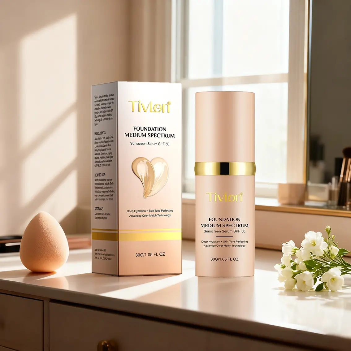 Tivlon Color Changing Flawless Foundation SPF 50 UV, Medium Coverage Matte Finish, Cosmetic, Deep Hydration, Moisturizing, Hydrating, Best for Dry Skin, 30ML Bottle