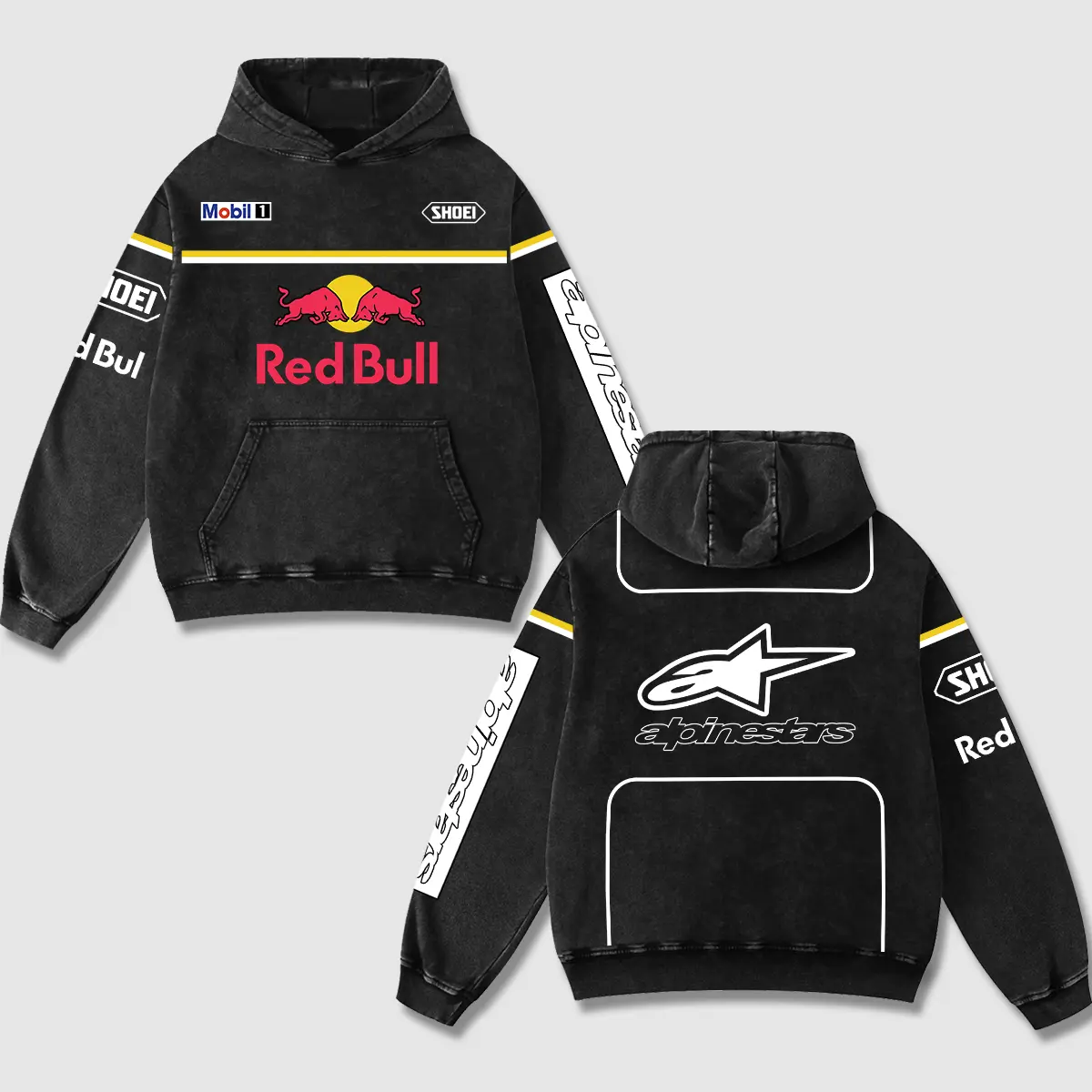 Retro Redbull x Mobil1 Alpinestars Racing Washed Hoodie MotoGP World Champion Enthusiast Apparel Streetwear Mobil 1 Helmet Racing Super Motorsports Clothing Riders Motocross Off-Road Dirt Bike Fan Gear Cotton For Moto Fan