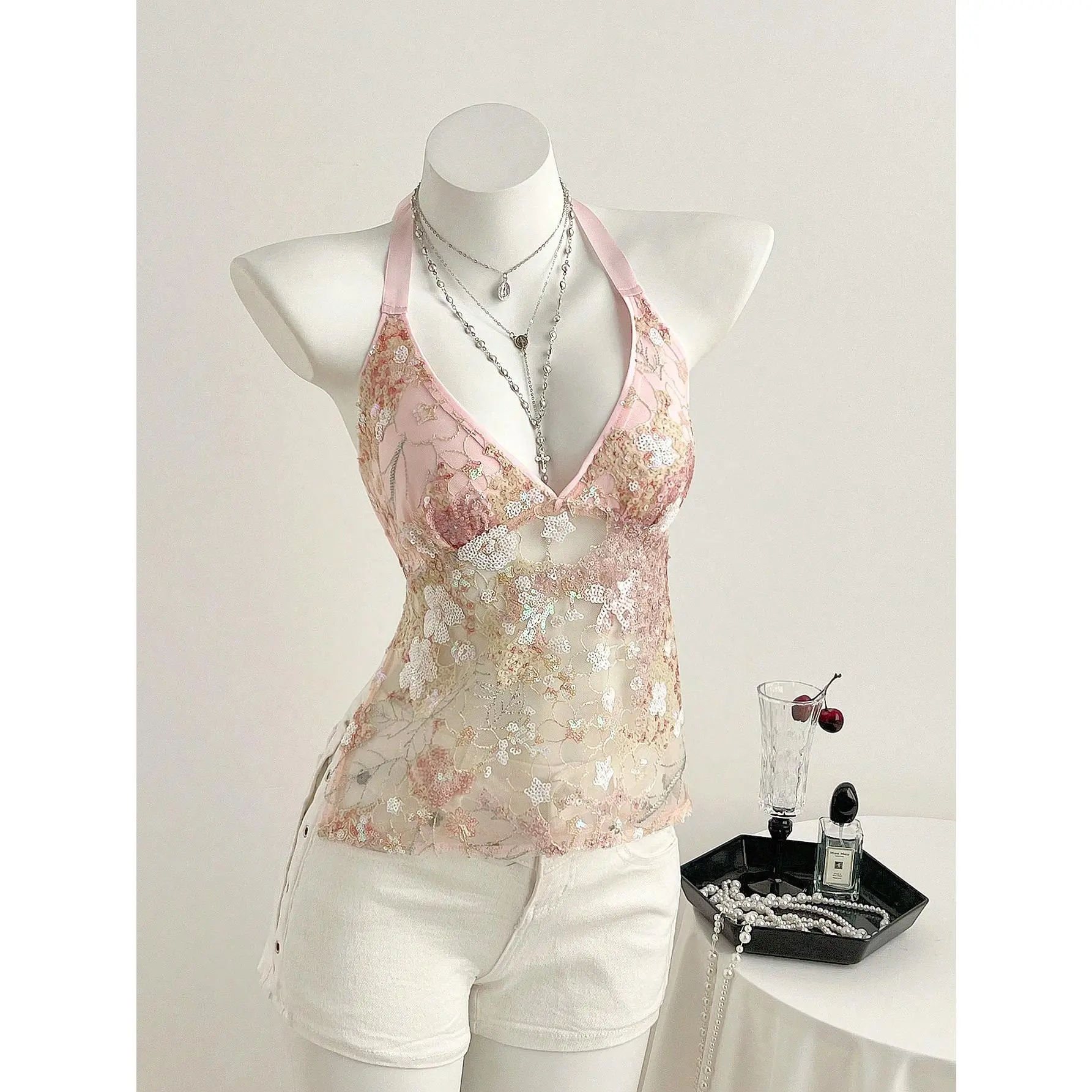 Sweet Pink Sheer Lace Floral Sequin Patchwork Tie-Up V-Neck Fitted Halter Top, Spring/Summer Flower Top Lace Top Pink Top Kawaii Top
