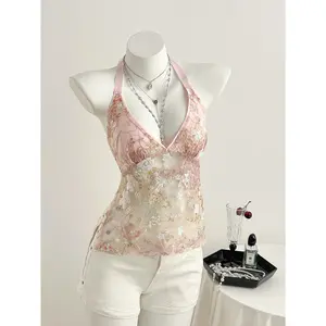 Sweet Pink Sheer Lace Floral Sequin Patchwork Tie-Up V-Neck Fitted Halter Top, Spring/Summer Flower Top Lace Top Pink Top Kawaii Top