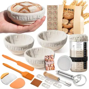 Mini Banneton Basket Sourdough Starter Kit, 5 inch Round Bread Proofing Basket Set with 24 Oz Glass Sourdough Jar, 13 count Bread Making Kits for Beginners with Sour Dough Baking Supplies