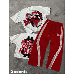 Two-Piece Set Men's Regular Fit Skull Print Shortsleeve Tee & Tracksuit Pants, Casual Short Sleeve T-shirt & Striped Trousers, Men's Outfits for Daily Wear