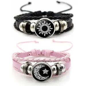 Luminous Sun and Moon Couple Bracelet - Glow in the Dark Matching Braided Leather Jewelry for Couples, Adjustable Long Distance Love Gift for Him & Her Accessory