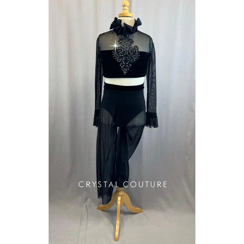 Custom Black Velvet Crop Top With Rhinestones and Mesh Pants With Attached Briefs
