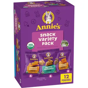 Annie's Organic Snack Variety Pack - Cheddar Bunnies, Sweet Bunny Grahams, Crunchy Cheddar Squares - 12 Pouches, 11 oz, Suitable for Adults
