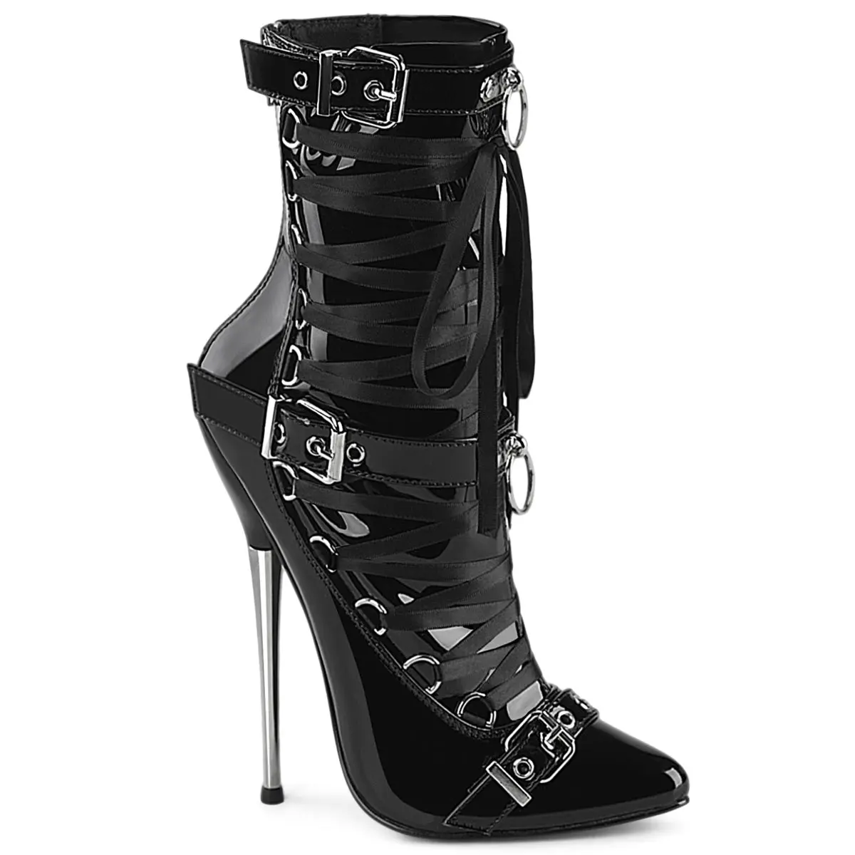 Women's Black Patent Leather Lace-Up Dagger-1032 High Heel Boot - Decor-Enhanced Footwear, Stylish Shoe for Daily Wear, Statement Shoe, Statement Shoes