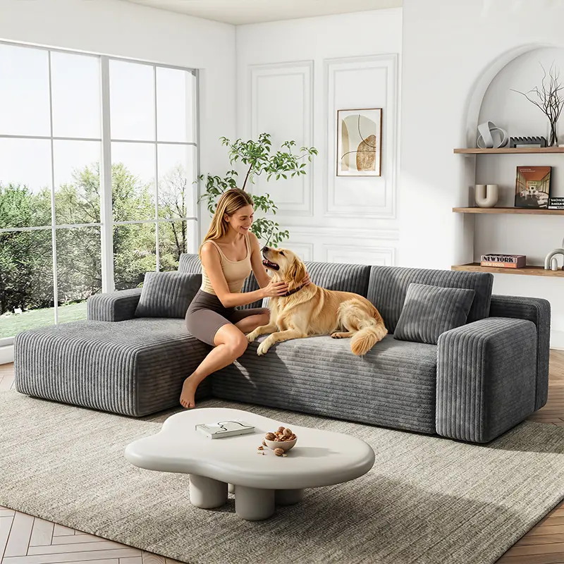 1-Package 96-Inch U-Shaped Memory Foam Sectional Sofa with Cotton Compressed Corduroy Fabric - Oversized Modular Design, Cloud-Like Comfort, Deep Seating, Space-Saving, Convertible Sleeper, Fire Safety Label
