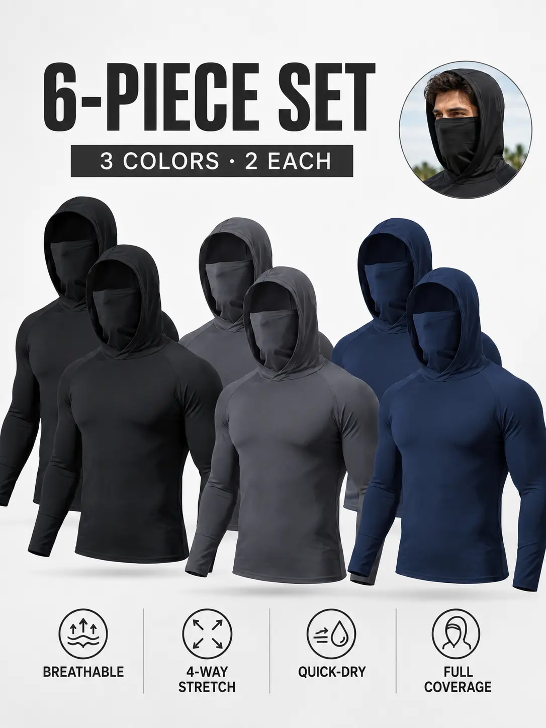 Men's 6-Pack Long-Sleeve Construction Work Shirts - Sun-Protective, Spandex-Stretch Activewear Fabric, Built-In Face Cover for Hot Weather