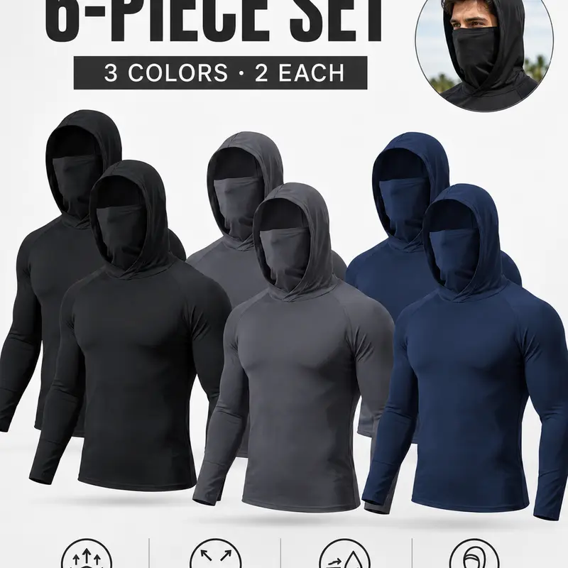 Men's 6-Pack Long-Sleeve Construction Workwear Pullover Shirts - Men's Clothing, Clothes, Sun-Protective Polyester Activewear Fabric, Built-In Mask, Minimalist, All-Season