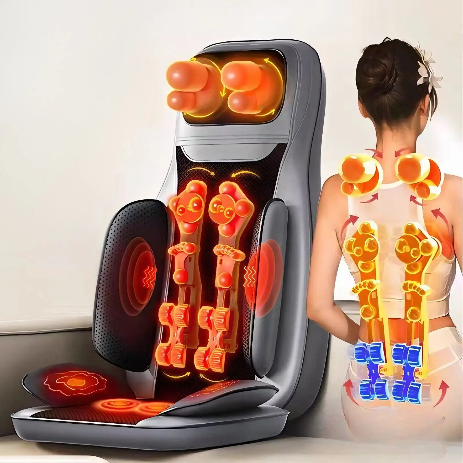 Massage chair back massager with heating function - Deep tissue kneading massage seat cushion, split design, 180° adjustable backrest supports lying flat, foldable for easy storage and does not take up much space Full-Body