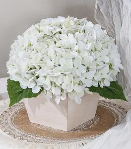 Ivydale Artificial Hydrangea Flowers Arrangement in Wood Planter, 4PCS Fake Flowers in Wooden Vase Potted Floral Centerpieces for Tables Living Room Home Office Kitchen Decor (White Peony)