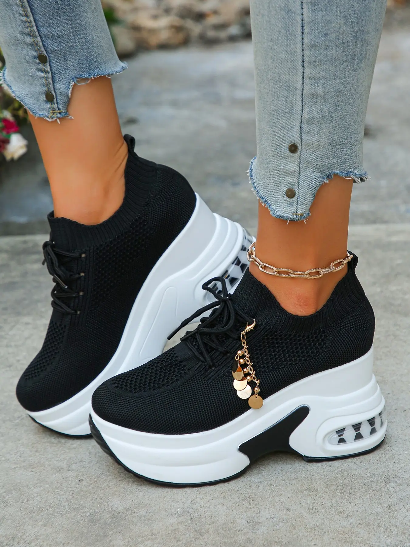 Women's Flyknit Platform Athletic Sneakers, Casual, Detachable Gold Sequin Tassel, Breathable Slip‑On Shoes, Walking Shoes, Petite Friendly, Unisex Couple Style for Spring