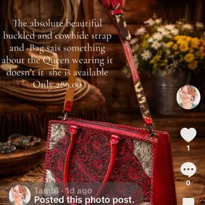 Red Bag Tooled Genuine Cowhide Leather with Genuine Tooled Buckled Strap Queen Wearing It Available Only 289.00