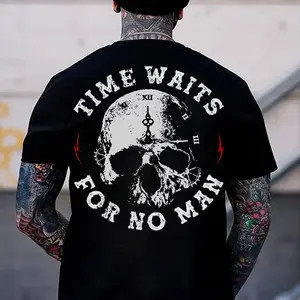 Gildan Men's Round Neck Short-Sleeve Cotton Graphic T-Shirt - "Time Waits for No Man" Skull Clock Print, Black Casual Streetwear, Menswear Casual Clothing Top