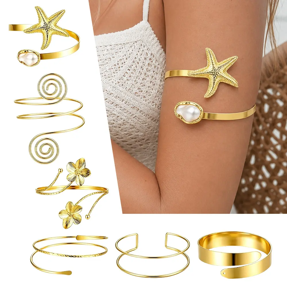6Pcs Adjustable Arm Cuff Bracelets Set, Boho Starfish Pearl Spiral Flower Upper Arm Bangles, Open Wrap Gold-Tone Armband Jewelry for Women Summer Beach Wedding Party Body Accessories