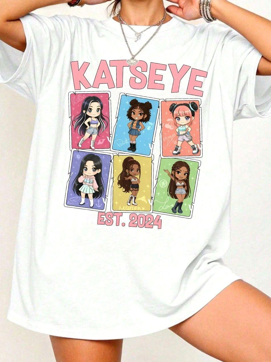 [Adult & Youth] KATSEYE Chibi Member Women’s Fitted T-Shirt, White Tee with Cute Art, Ideal for Pop Trendsetters & Sweet Style Admirers, Perfect for Sweet-Inspired Looks, Street Style Statements & Daily Wear, Unique Fusion of Pop Vibe & Chibi Design