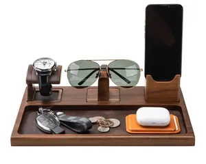 Nightstand Organizer - Engraved Wood Docking Station for Men, Custom Valet Tray with Removable Watch, Sunglasses & Phone Stand, Personalized