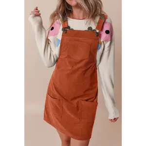 Solid Corduroy Front Pocket Sleeveless Overall Dress