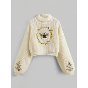 Women’s cartoon bee embroidered drop-shoulder sweater, casual knitted long-sleeve turtleneck suitable for spring and autumn, fashionable women’s knitted sweater, daily wear fashionable women’s knitted sweater, women’s clothing