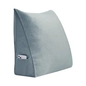 Wedge Reading Pillow with Side Pocket, Linen Blend Bed Backrest Cushion, Grey Triangle Wedge Support Pillow for Bed, Sofa, Reading & Gaming