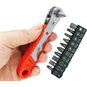 1pcs Ratchet Screwdriver + 10pcs Bits, Right Angle Ratchet Wrench Screwdriver Socket Nut Set Screwdriver Bit 1/4 Inch Hexagonal Handle Drive Slot Hand Tool