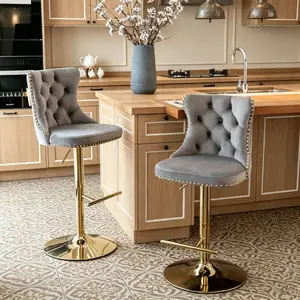 Set of 2 Golden Velvet Bar Stools for Kitchen Island Adjustable Height 25-33 Inch Tufted Upholstered with Metal Base
