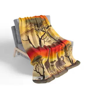 African Sunset Giraffe Scene Fleece Sherpa Blanket | Safari Acacia Trees